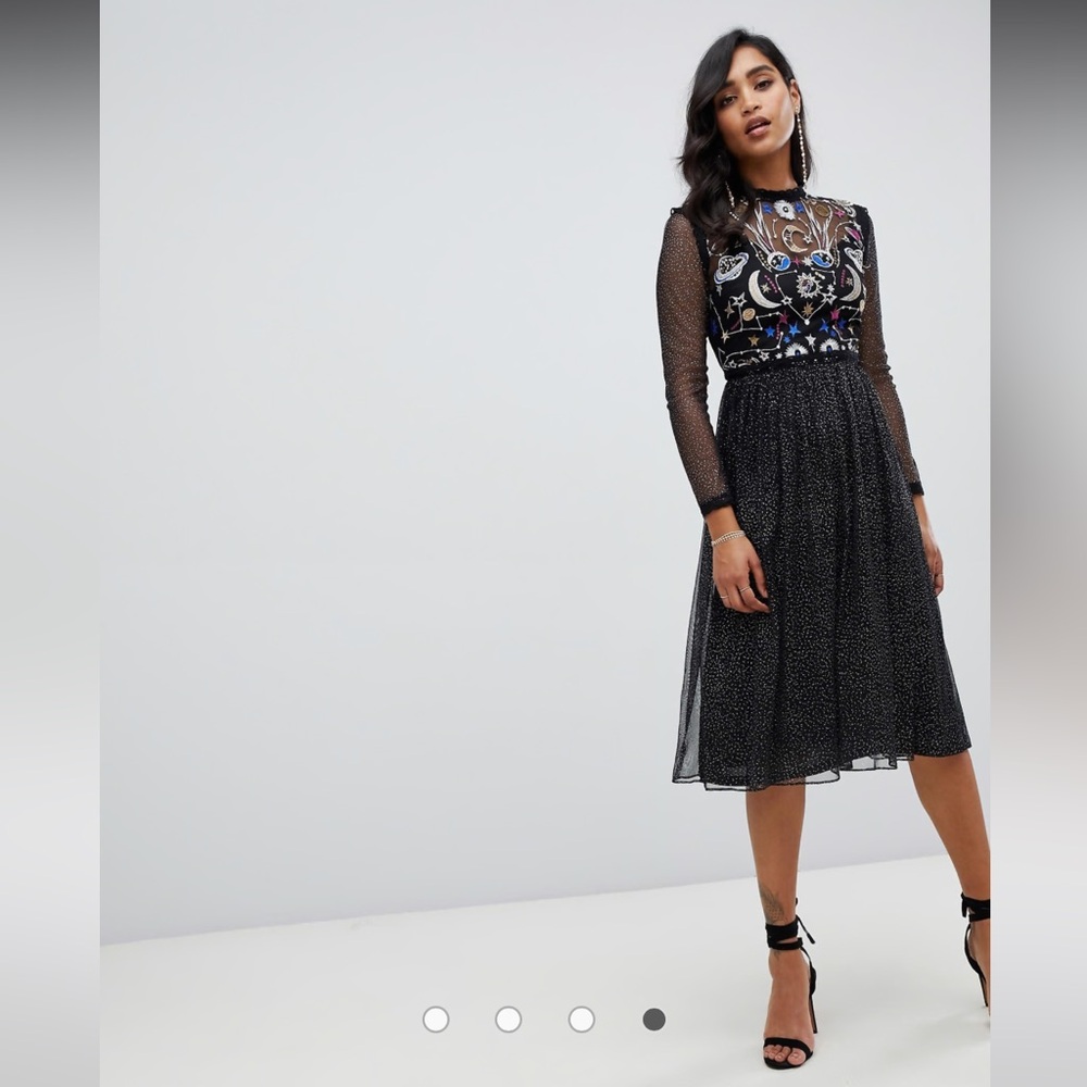 Frock and Frill | galactic long sleeve star planet midi dress in black NWT